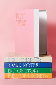 three books stacked on top of each other in front of a pink background with the title plot twist next to it