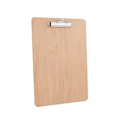 a wooden clipboard with a metal clip on it's side and a white background