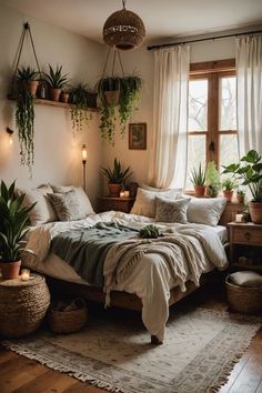 a bedroom with lots of plants in the window