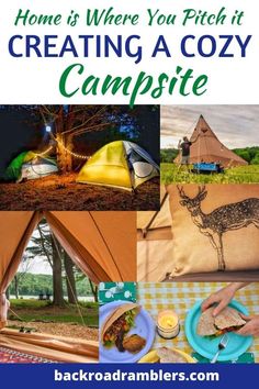 some tents and food with the words home is where you pitch it creating a cozy campsite