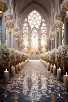 the aisle is decorated with flowers and candles