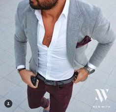 Maroon Pants, Gray Blazer, Men Style Tips, Grey Blazer, Business Shirts, White Shirt Dress