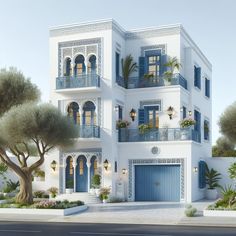 a large white building with blue shutters and balconies on the second floor