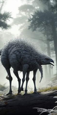 an animal that is standing on a log in the woods with foggy trees behind it