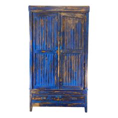 an old wooden armoire with blue paint on the front and bottom panel, against a white background