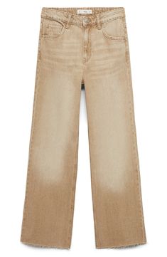 A dramatic fade lends lived-in appeal to these wide-leg jeans cut from nonstretch denim and finished with raw hems. Zip fly with button closure Five-pocket style 100% cotton Machine wash, line dry Imported Beige Denim Flare Jeans For Fall, Faded Wide Leg Cropped Cotton Jeans, Beige Wide-leg Jeans With Five Pockets, Beige Wide Leg Denim Jeans, Beige Wide-leg Jeans, Mid-rise Beige Denim Flare Jeans, Wide Leg Flare Jeans In Beige With Five Pockets, Beige Mid-rise Flare Jeans, Beige Casual Flare Jeans With Five Pockets