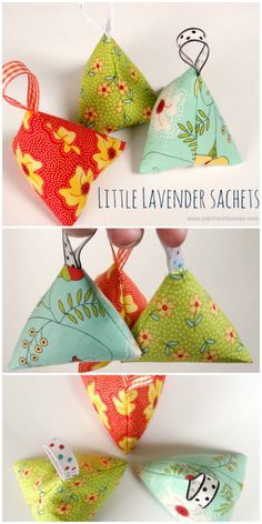 four different types of triangle ornaments hanging from clothes pins with the words little lavender sachets on them