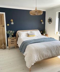 a bedroom with blue walls and white bedding