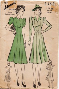 Original vintage 30's sewing pattern. Softly flared dress has revers at neckline or petite collar.  Back girdle with loop/bow. Slide fastener at neck back and side placket. Self-fabric belt.  Long sleeve with snap at wrist or short sleeves. Size 20; Bust 38; Hip 41. Pattern is complete and unused.  These are unprinted, perforated pattern pieces factory precut to size. Contents are age toned, as expected. Envelope has old tape mends and tears. Stored and shipped in a clear, resealable, archival envelope and backing board. Reminders:  This is a manufactured, original pattern. Not a copy or PDF. This is a paper sewing pattern and not an actual garment. Fitted Dresses With Peter Pan Collar For Vintage Fashion, Fitted Dress With Peter Pan Collar In Vintage Style, Vintage Fashion Fitted Dress With Peter Pan Collar, Peter Pan Collar Vintage Style Fitted Dress, Classic Fitted Dress With Vintage Pattern, 1930’s Dresses, 1920s Dress Pattern, 1940s Patterns, 1930s Clothes