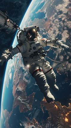 an astronaut floating in the air above earth with his arms out and feet apart from him