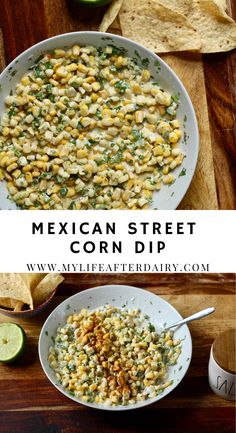 mexican street corn dip with tortilla chips on the side