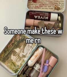 two tins filled with different items sitting on top of a table