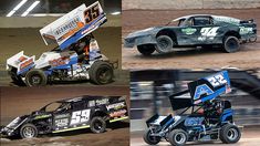 four pictures of dirt racing cars in various positions, including one with the number 42 on it