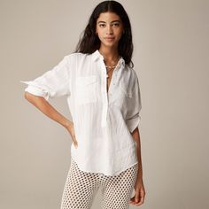 J.Crew: Textured Popover Top For Women Casual Blouse With Roll-up Sleeves And Shirttail Hem, Relaxed Fit Blouse With Roll-up Sleeves For Spring, Casual Tops With Roll-up Sleeves And Shirttail Hem, Casual Tunic Tops For Fall, Chic Blouse With Rolled Sleeves For Daywear, Chic Fall Blouse With Foldover Top, Chic White Blouse With Roll-up Sleeves, Chic Foldover Top Blouse For Fall, Chic Shirt With Rolled Sleeves For Day Out