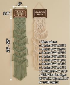 two wall hangings are shown with measurements for each one and the other handmade item