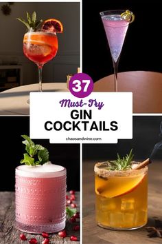 several different types of gin cocktails with text overlay