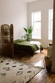 a bedroom with a bed, rug and plant in it