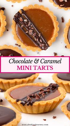 chocolate and caramel mini tarts with text overlay that reads chocolate and caramel mini tarts