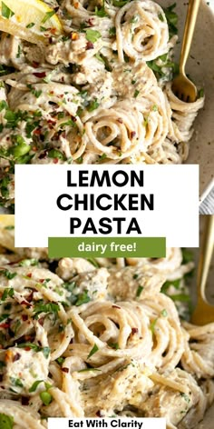 lemon chicken pasta in a white bowl with a yellow serving spoon and the title overlay reads, lemon chicken pasta dairy free