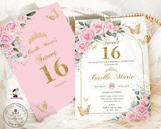 two pink and gold wedding cards with roses on them, one is for the bride