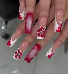 Red And White French Nails, Red And White Nails Acrylic, Floral Design Nails, White And Red Nails, Nails Red And White, Square Nails Long, Aesthetics Nails, Feminine Nails, Nail Aesthetics