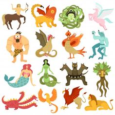 an assortment of cartoon animals and mythical creatures