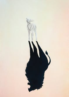 an abstract painting of a cat standing on top of a black piece of paper with the shadow of a person's head