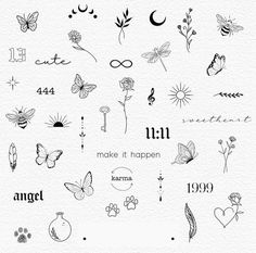 an assortment of tattoo designs on white paper with the words, butterflies and flowers in black ink