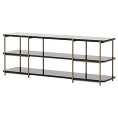 a black and gold shelf with glass shelves