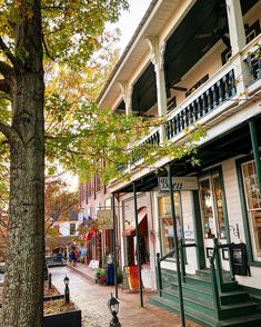 an old - fashioned storefront on the corner of a street in front of a tree