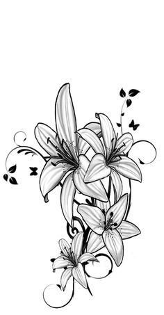 black and white drawing of lilies on a white background with butterflies flying around it