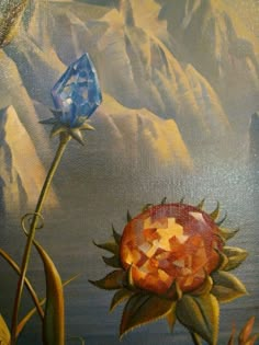 a painting of a flower with mountains in the background