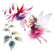 a painting of a little fairy flying next to a pink flower with purple petals on it