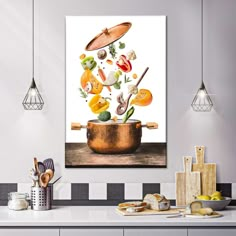 a kitchen scene with a pot full of vegetables being tossed into the air by spoons