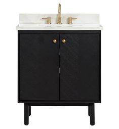 a black cabinet with two gold faucets and a white marble top on it