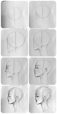 the steps in how to draw a woman's head with different angles and hair