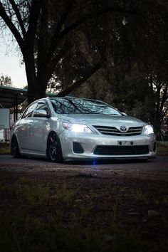 a white car parked in front of a tree with its lights on at night time