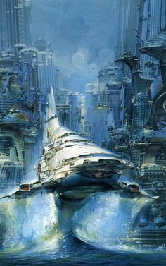 a futuristic city is shown in this painting