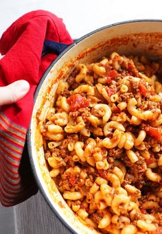 a person holding a large pot filled with pasta and ground beef in it's hands