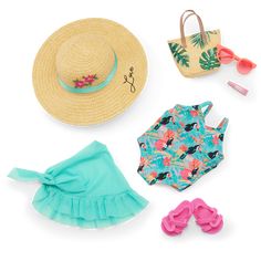 an assortment of clothing and accessories including a hat, umbrella, sunglasses, flip flops