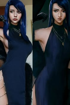 two pictures of a woman with blue hair and black clothes, one is posing in front of the camera