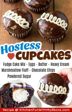 chocolate cupcakes with white frosting and the words hostess written on them in cursive font