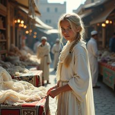 a woman is standing in an outdoor market