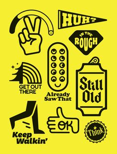 various black and yellow stickers on a yellow background