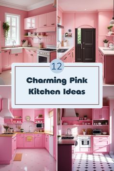 pink kitchen with black and white checkerboard flooring, cabinets and counter tops