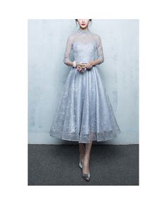 Buy elegant grey lace tea length party dress with high neck at cheap price online. Free stable shipping and pro custom service since 2009. Lace Midi Dress For Wedding And Party Season, Lace Midi Dress For Wedding Party Season, Elegant High Neck Lace Dress For Party, Elegant High Neck Lace Party Dress, Gray Winter Party Dress, Lace Tea Length Dress For Party, Lace Tea Length Party Dress, Gray Lace Evening Dress, Winter Wedding Knee-length Midi Dress