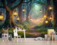 an image of a forest scene with lanterns hanging from the trees and animals on the ground