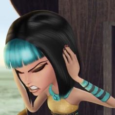 an animated woman with blue hair standing in front of a wooden wall next to the ocean