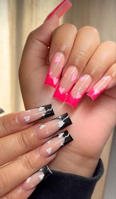 Black French With Red Hearts, Pink Snd Black Nail Designs, Hot Pink Vday Nails, Red Pink Black Nails, Pink And Black Tip Nails, Pink Black And White Nails Design, Birthday Nails 22 Years Old, Pink And Black Nails French Tips, Nails Acrylic Black And Pink