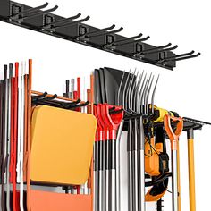 PRICES MAY VARY. VALUE PACKAGE: The garage tool organizer wall mount comes with 3pcs metal utility racks(16inch) totally 48inch, 6pcs long hooks in size 8.6 inches, assorted anchors and fasteners for fast installation. STURDY & DURABLE: Our garden tool organizer with shovel holder is made of sturdy steel with powder-coated finish. With weight capacity up to 600lbs, it can hang various heavy duty tools. Ensure great quality, provide long-lasting use. MAXIMIZE SPACE EFFICIENCY: The garage tool rac Black Metal Garage, Barn Organization Ideas, Garden Tool Organizer, Garage Organization Systems, Garage Wall Storage, Garage Storage Racks, Garden Tool Organization, Garage Tool Organization, Garage Tool Storage